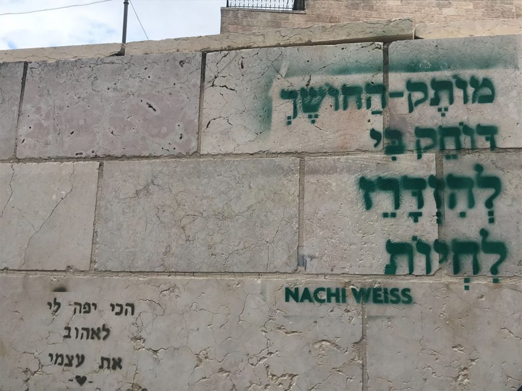 ולסיום הרשימה כיתוב גרפיטי שמצאתי באוסף שלי: מותק, החושך דוחק בי להזדרז לחיות.